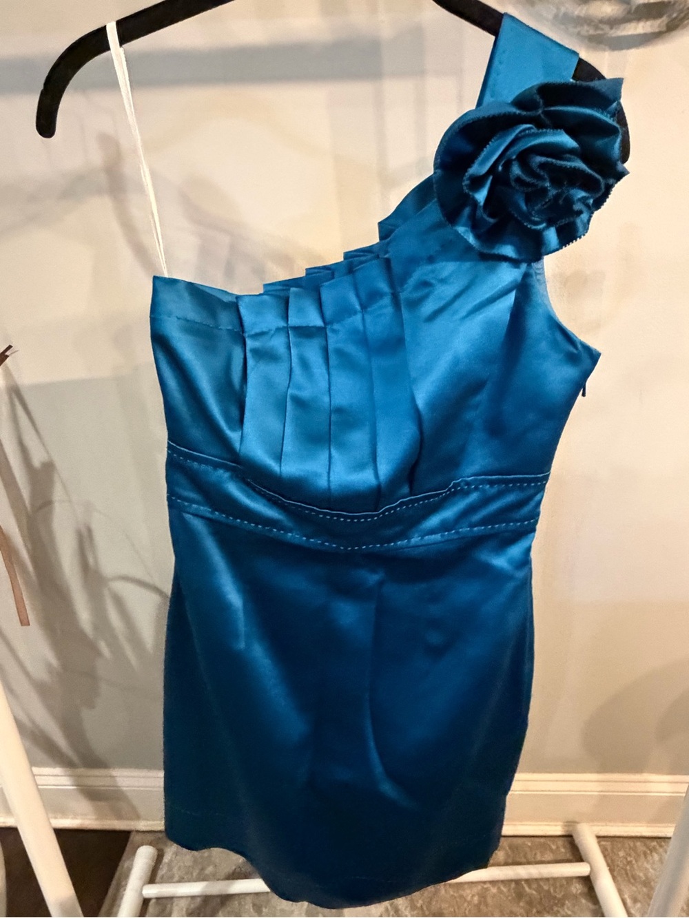 Phoebe Couture Teal One-Shoulder  Dress with Floral Accent size 4